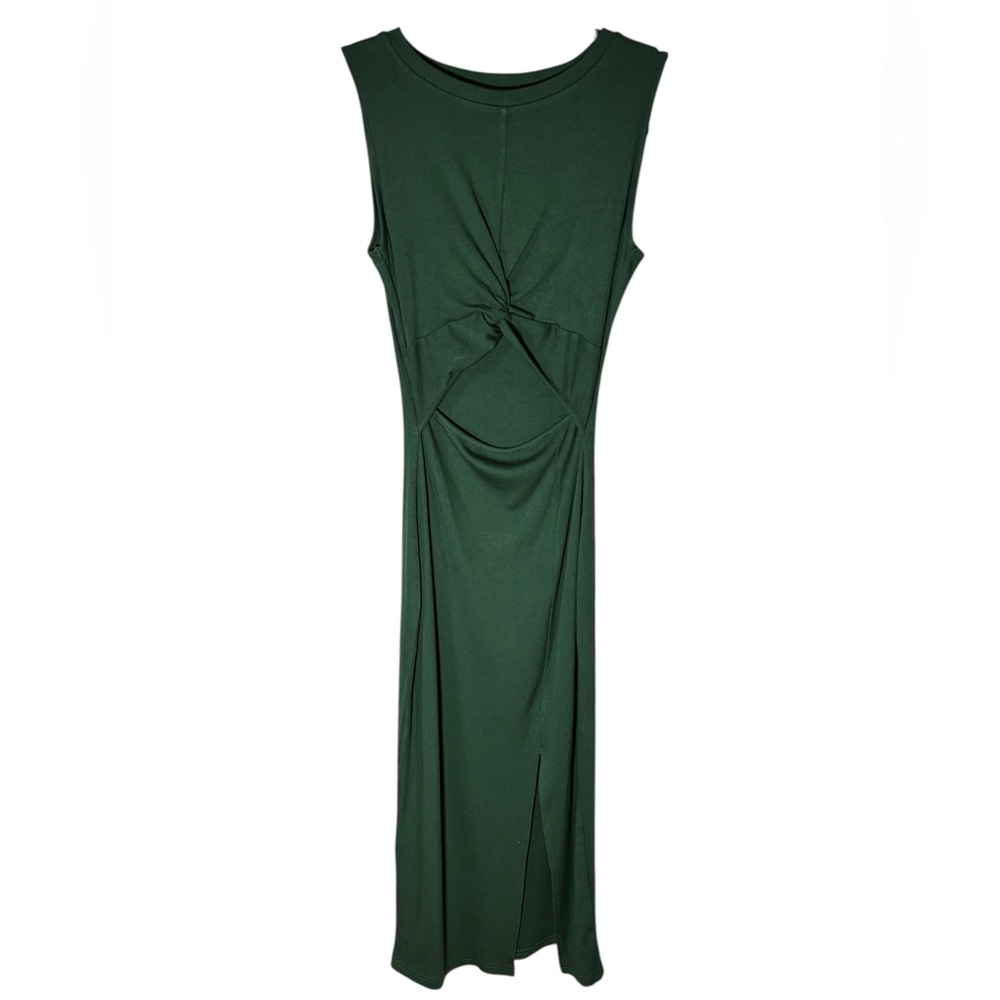 Green Ribbed Twist Front Cutout Midi Dress Size Small Bodycon Vacation - Picture 6 of 14